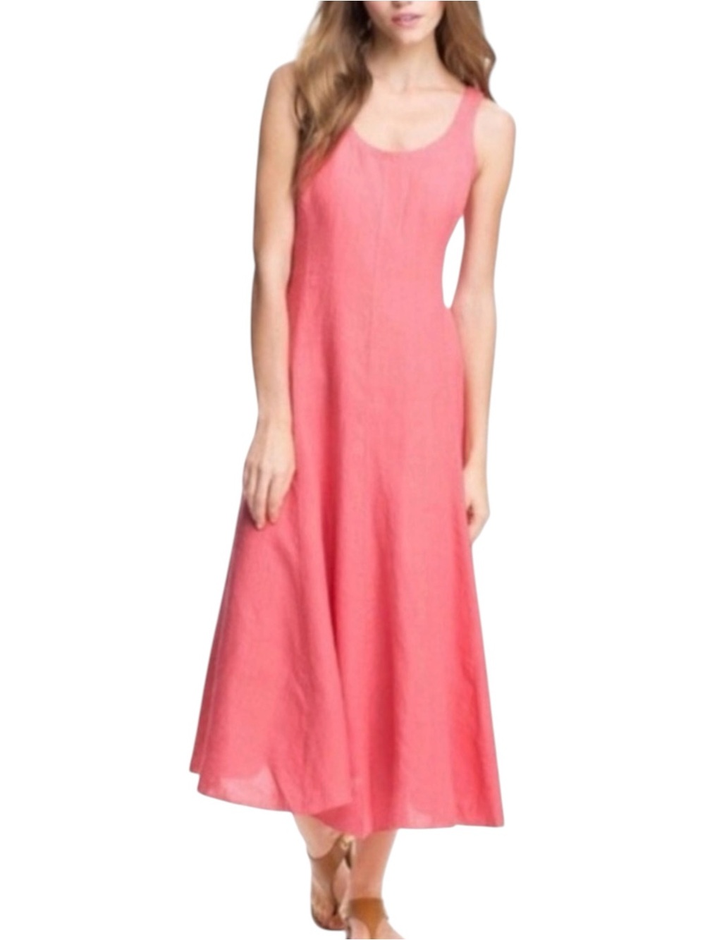 Eileen Fisher Irish Linen Coral Sleeveless Scoop Neck Midi Dress SMALL